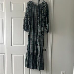 Long Sleeve Green Plaid Tiered Maxi Dress